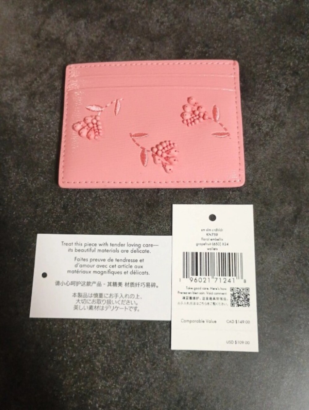 Kate Spade Pink Slim Card Holder with Embossed Flowers And Logo - Picture 2 of 3